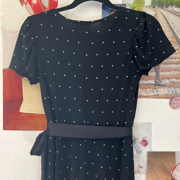 Vintage Black and White Polka Dot Mid Length Short Sleeve Wrap Swing Dress - Picture 5 of 6